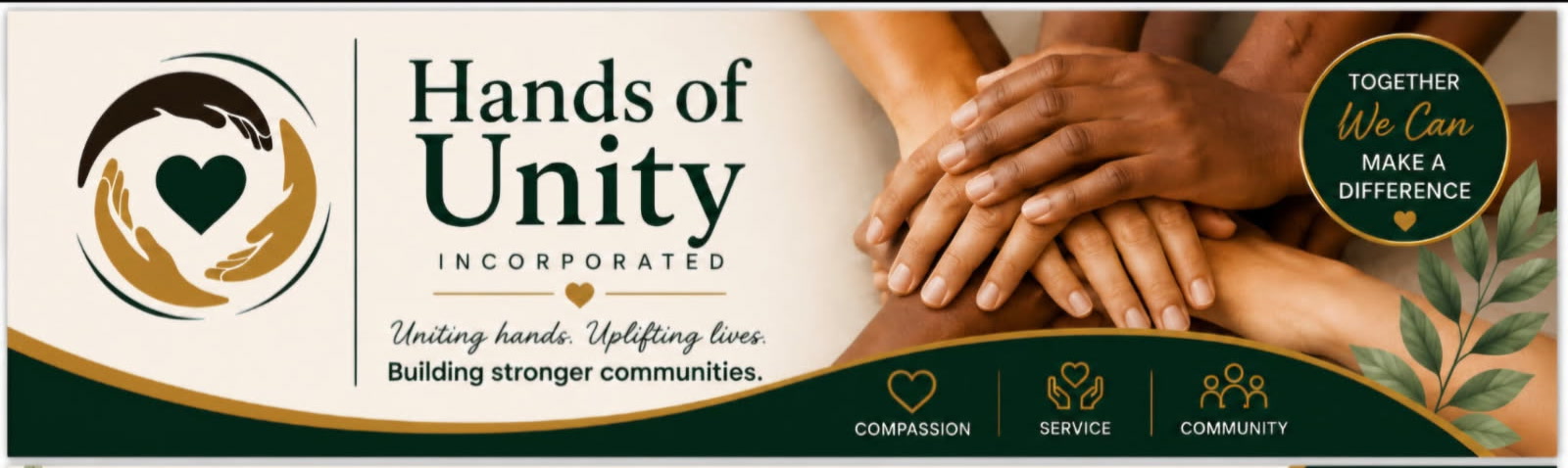 Hands of Unity printed banner with the logo, slogans, and hands stacked together