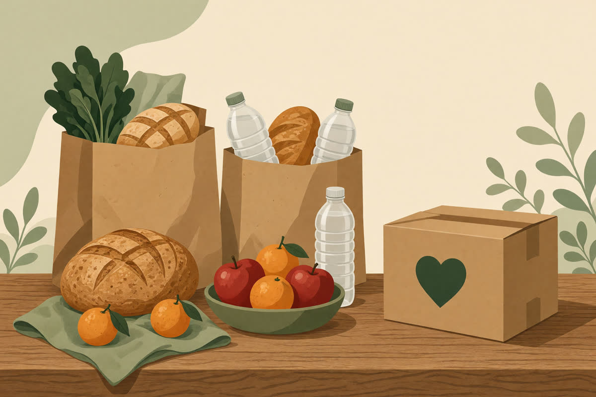 Illustration of donated groceries: paper bags with bread, fruit, and water beside a donation box