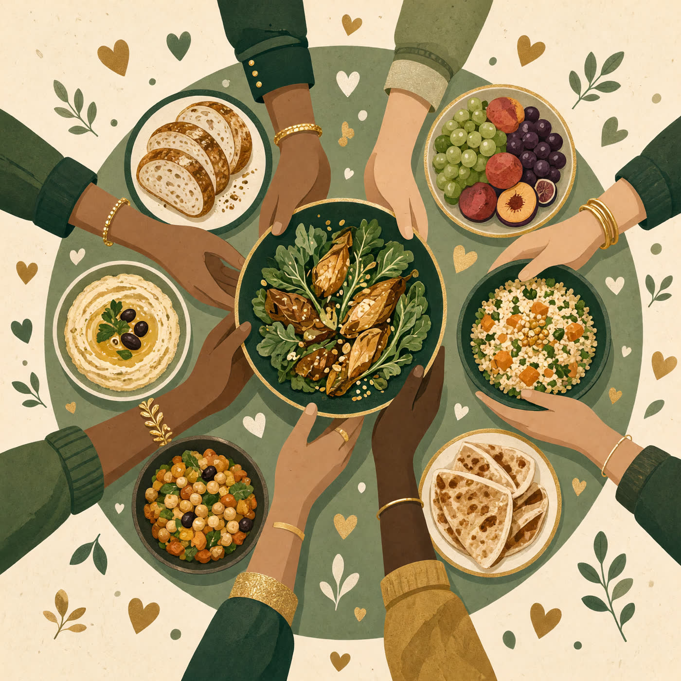 Illustration of many hands of different skin tones passing dishes of food around a shared table