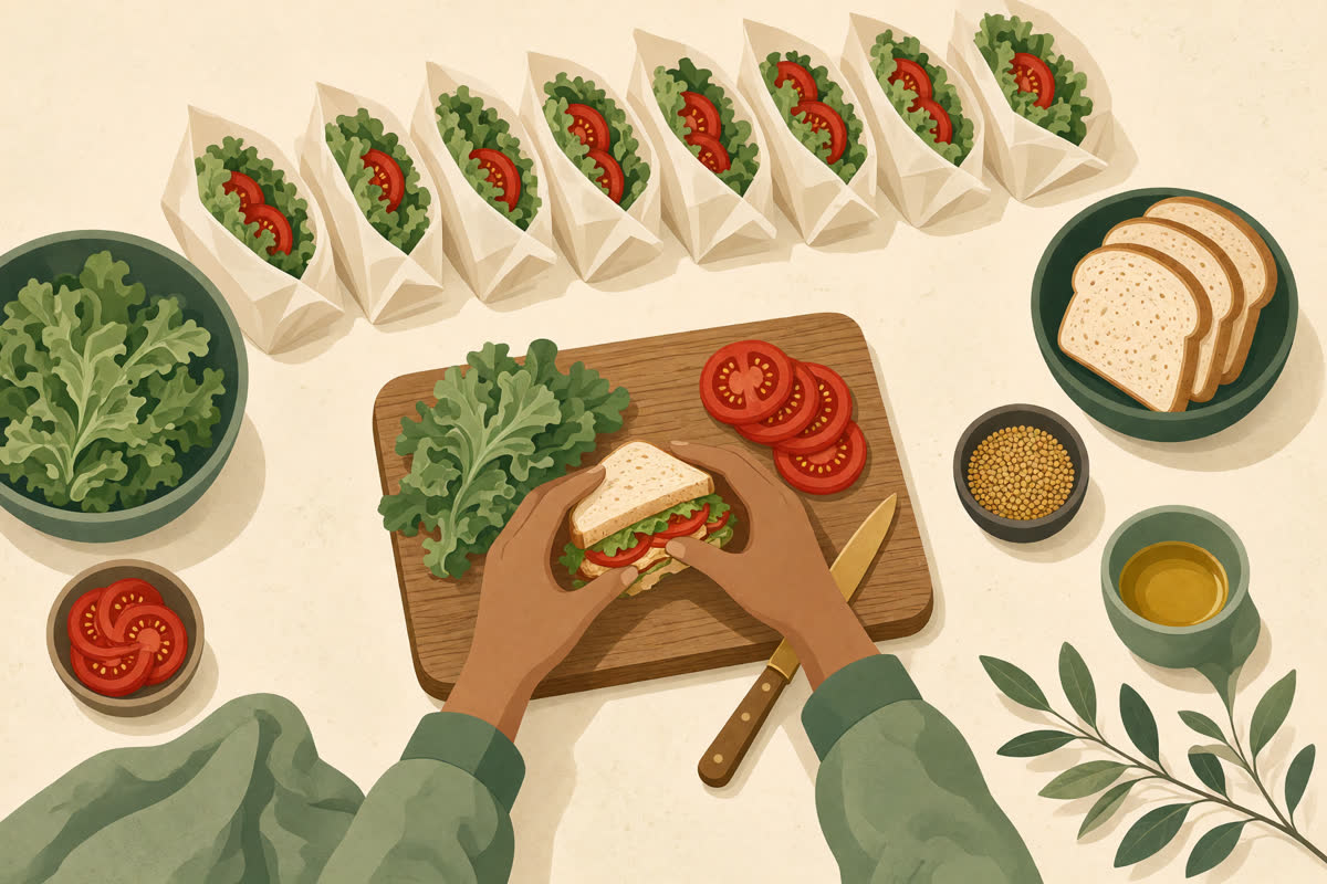 Illustration of hands assembling sandwiches beside rows of wrapped sandwich bags