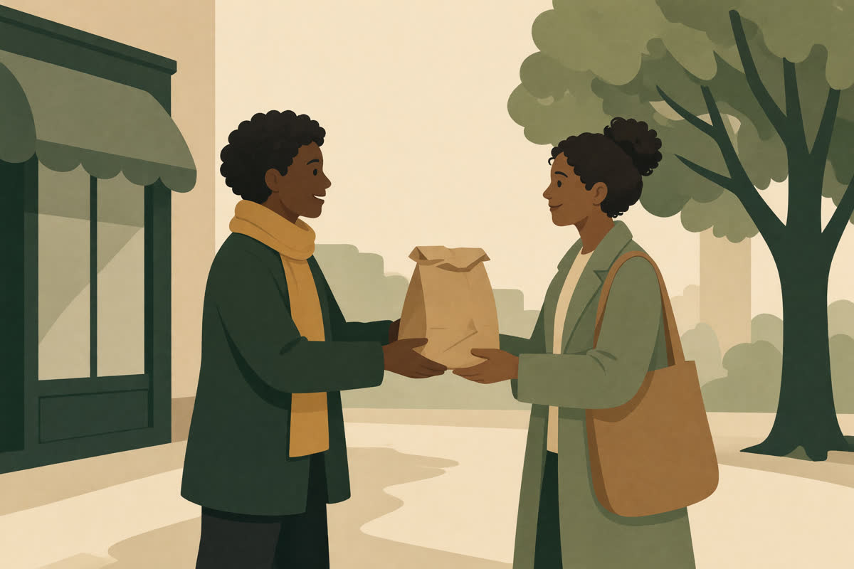 Illustration of one person kindly handing a paper lunch bag to another on a sidewalk
