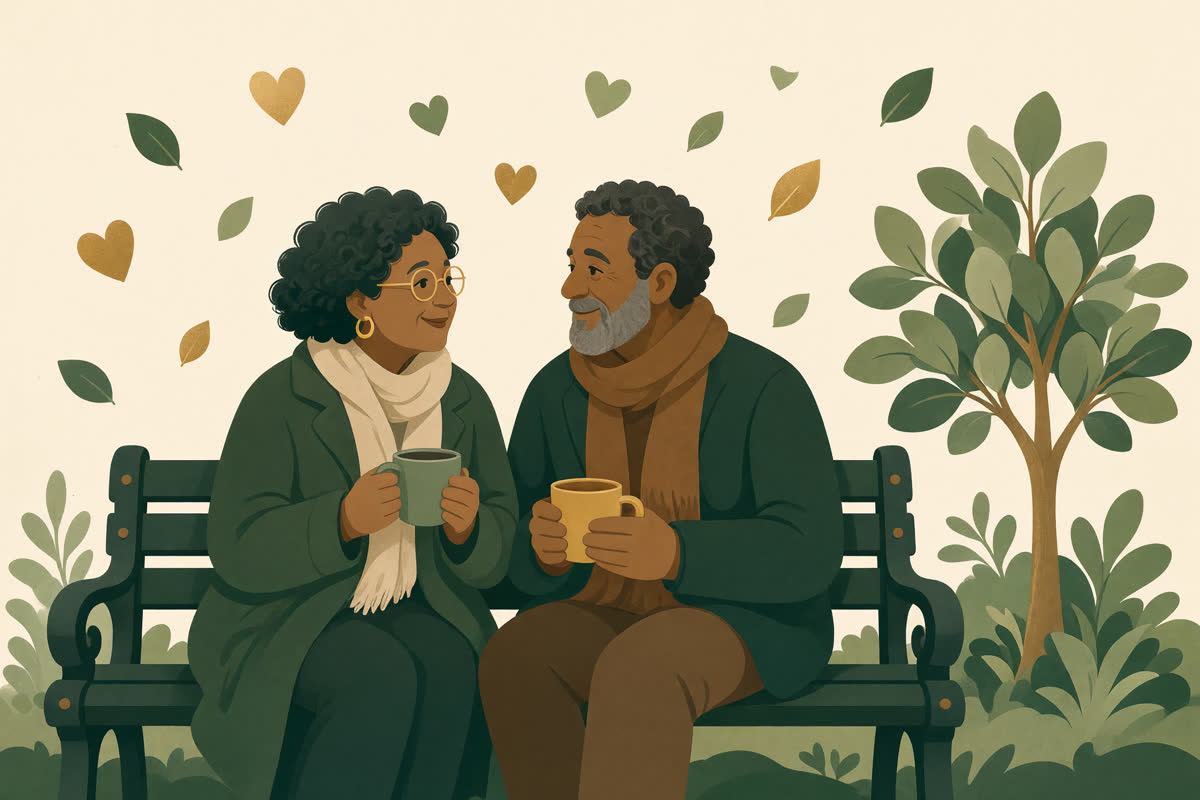 Illustration of two people sharing warm drinks and conversation on a park bench