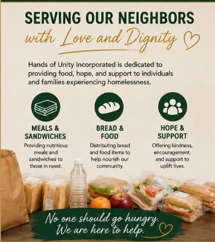 Hands of Unity flyer: Serving our neighbors with love and dignity, listing meals, bread, and hope programs